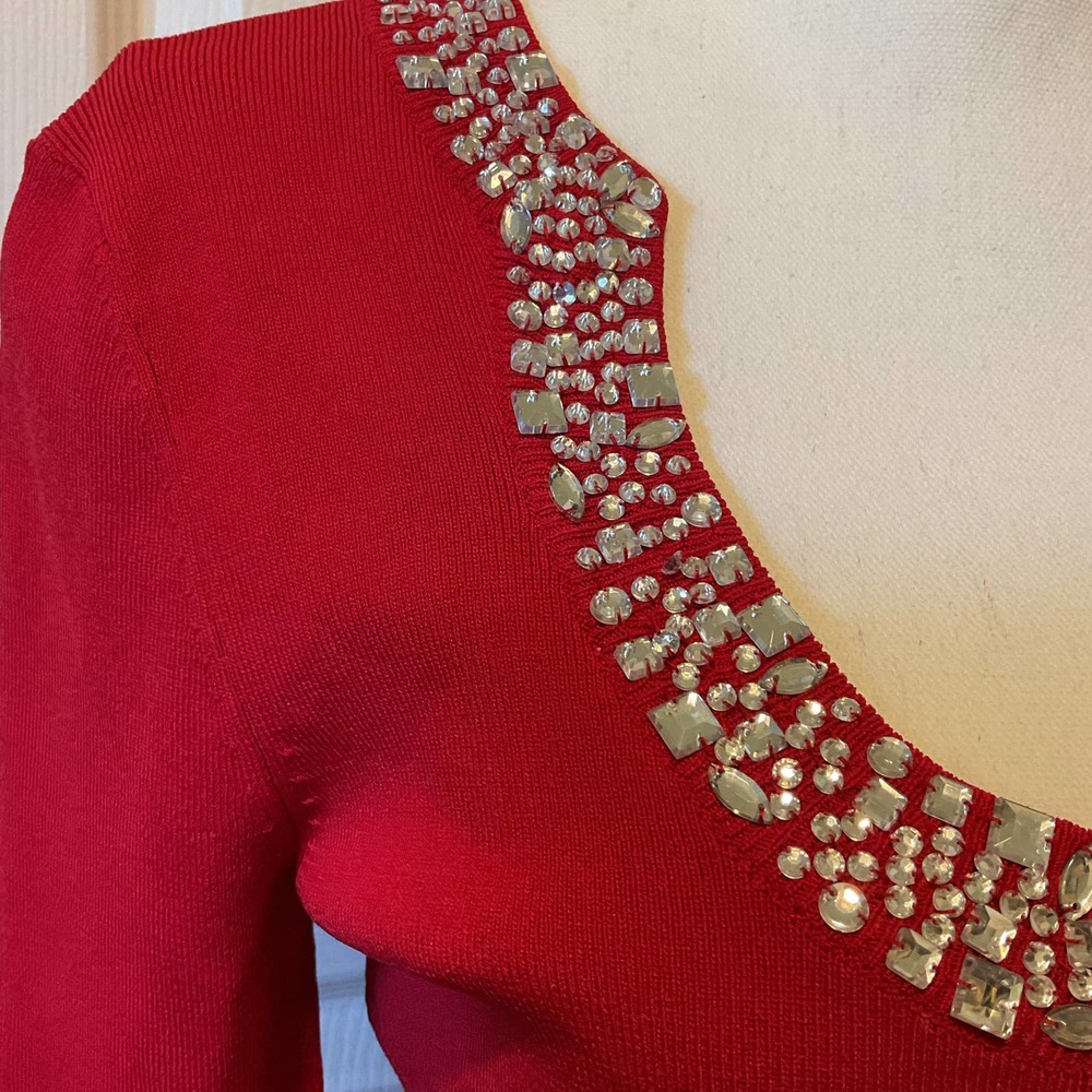 Cable and Gauge red sweater with rynstones #Swiftie